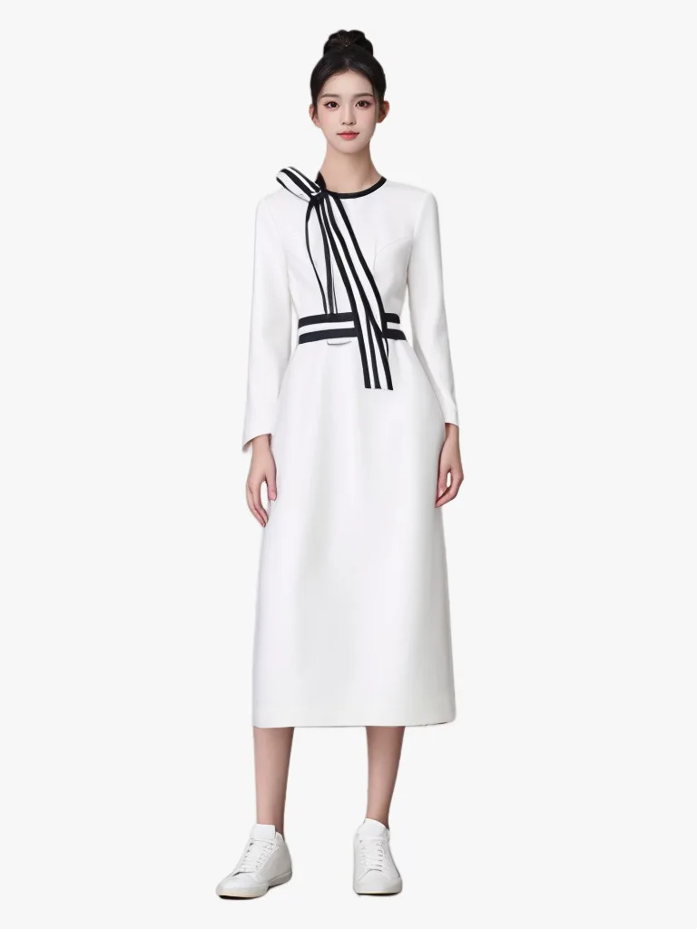 ZJYT Elegant Autumn Long Sleeve Dresses for Women 2024 Bow Striped Slim Straight Dress White Party Cocktail Vestidos Para Mujer