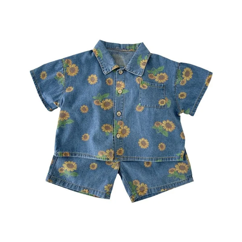 5509 Children Clothing Set 2026 Summer Hot Sale Baby Boy's Cowboy Suit Sun Flower Shirt+Short Casual Two-piece Suit