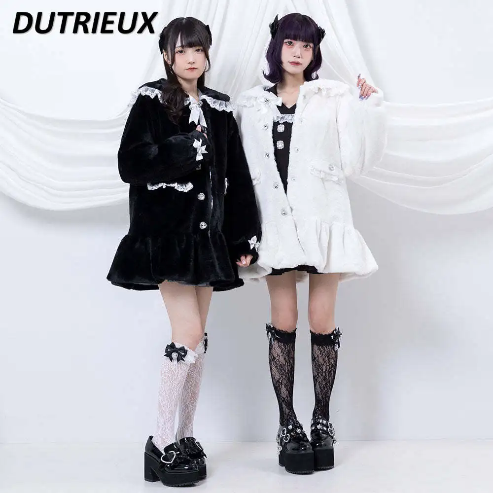 Japanese Sweet Lolita Furry Coat Loose Mid-Length Cotton Jacket Women\'s Elegant Lace Up Sailor Collar Drill Buckle Coats Winter