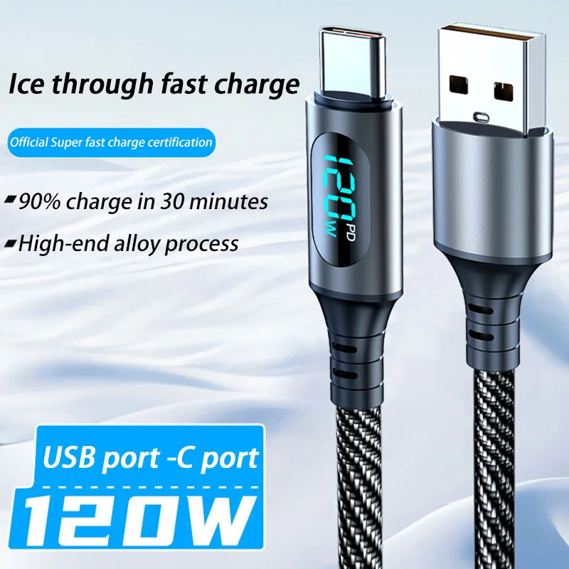 120W Kabel mit Doppel-Digitalanzeige, PD-Schnellladung, Hochgeschwindigkeits-Datenübertragung, USB Typ-C zu Typ-C Kabel für Telefon, Macbook, iPad