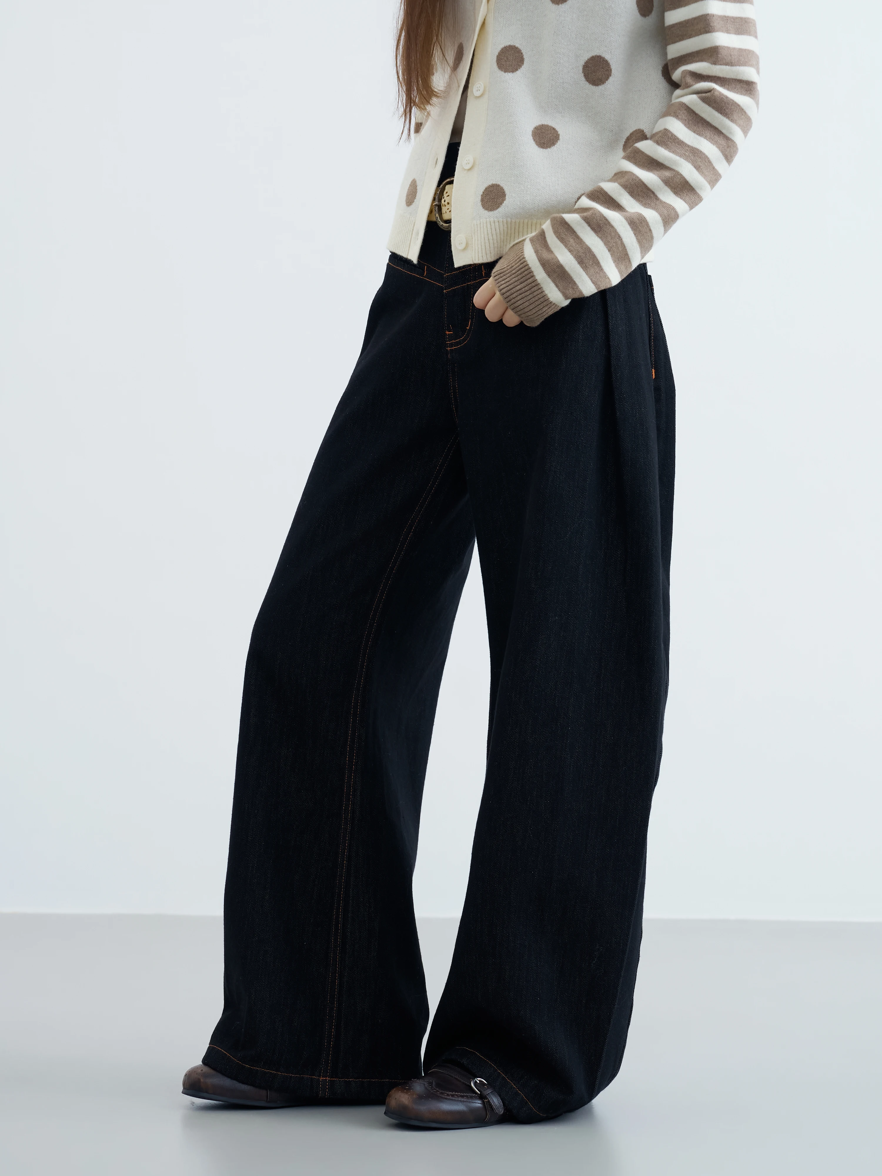 Riverstone plus Angel Wings Printed Casual Wide Leg Jeans Women Loose Slimming Floor Length Pants Cotton Low Waist Zipper