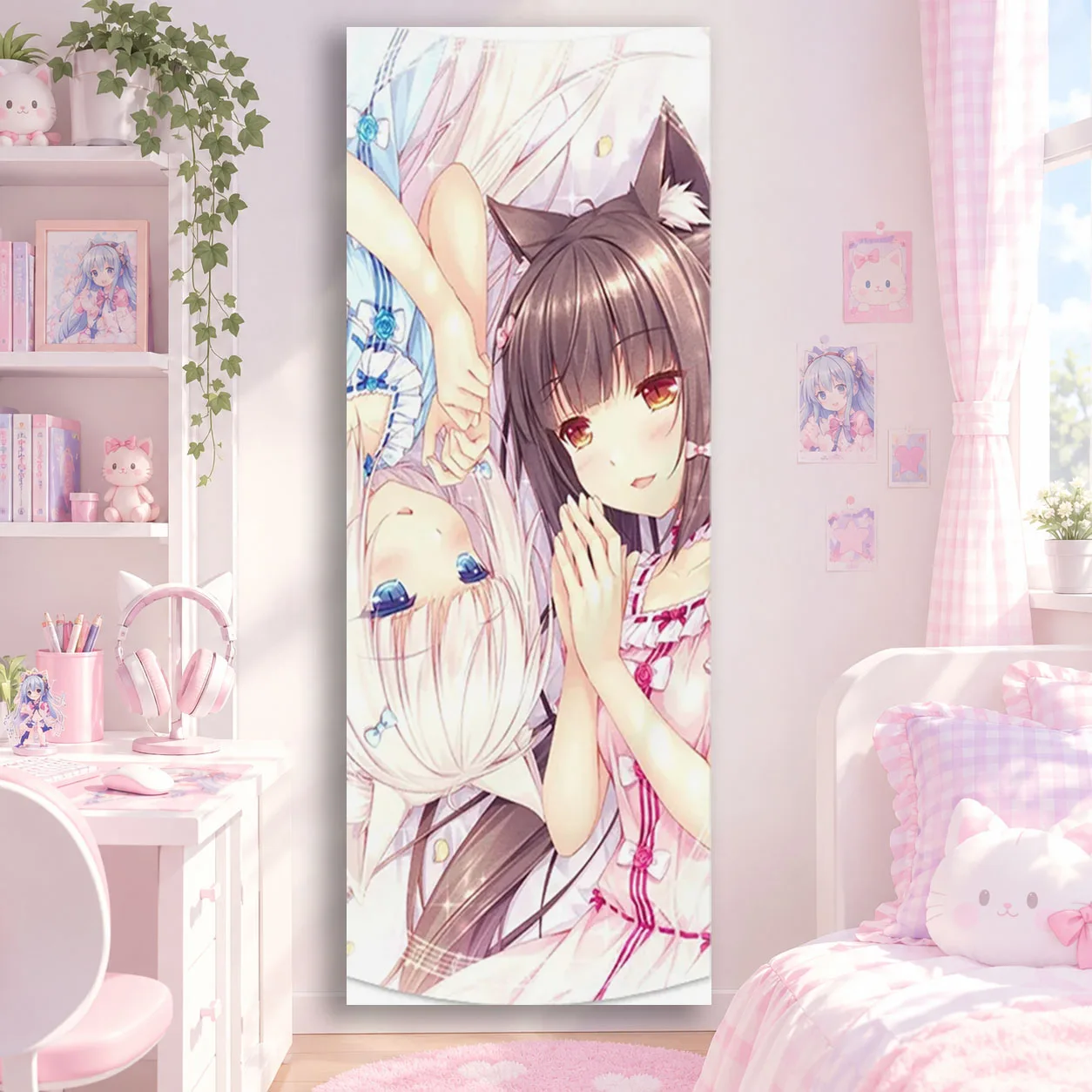 Cat Ear Anime Girl Group Painting Tapestry Moe Kawaii Girl Tapestry Party Bedroom House Living Room Decor Room Necessaires Stuff