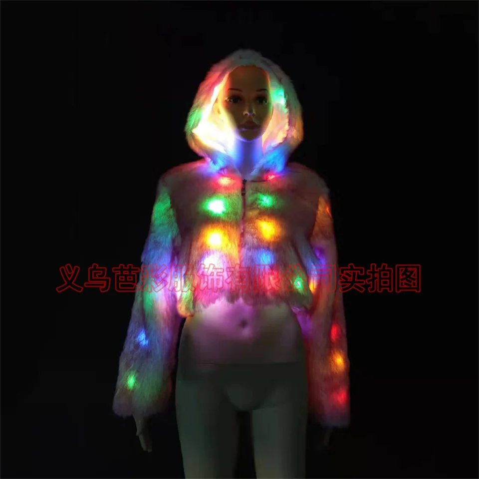 Traje de dança LED Tron para mulheres, roupas iluminadas, casaco de pele sintética, boate bar, festa de Natal, roupa Rave, jaqueta brilhante, bailarina