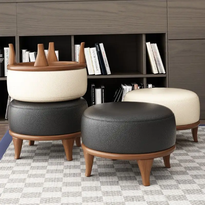 

Solid Wood Small Round Stool Nordic Style Small Round Stool Living Room Leather Stool Room Bedroom Shoe Changing Stool Modern