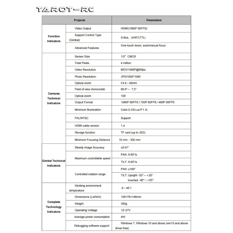 

Tarot 10x 3-Axis Gimbal/HDMI Output T10X-Pro Quadcopter Cradle Head Lens