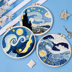 Kit di avvio per ricamo per adulti principianti con Van Gogh Starry Night Pattern timbrato punto croce Set aghi a cerchio di stoffa