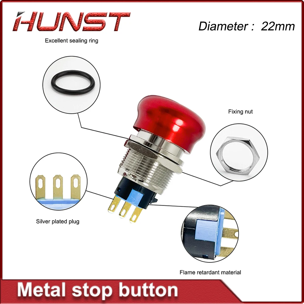 HUNST Metal Emergency 22mm Diameter 5A Stop Push Button Switch Electrical Equipment Emergency Stop Button Waterproof Switch