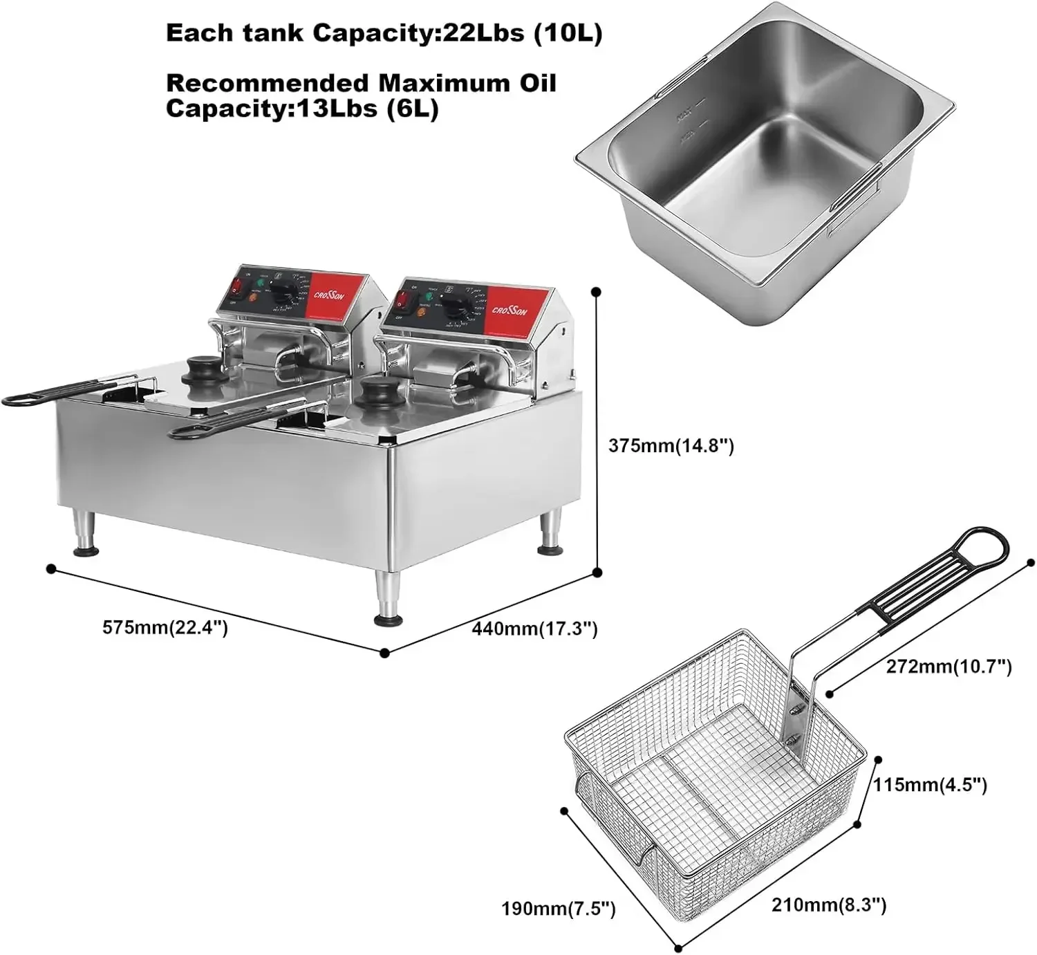 CROSSON ETL Listed Dual Tank 26Lbs Electric Deep Fryer with Solid Basket,Removable Oil Container and Height Adjustable Legs for