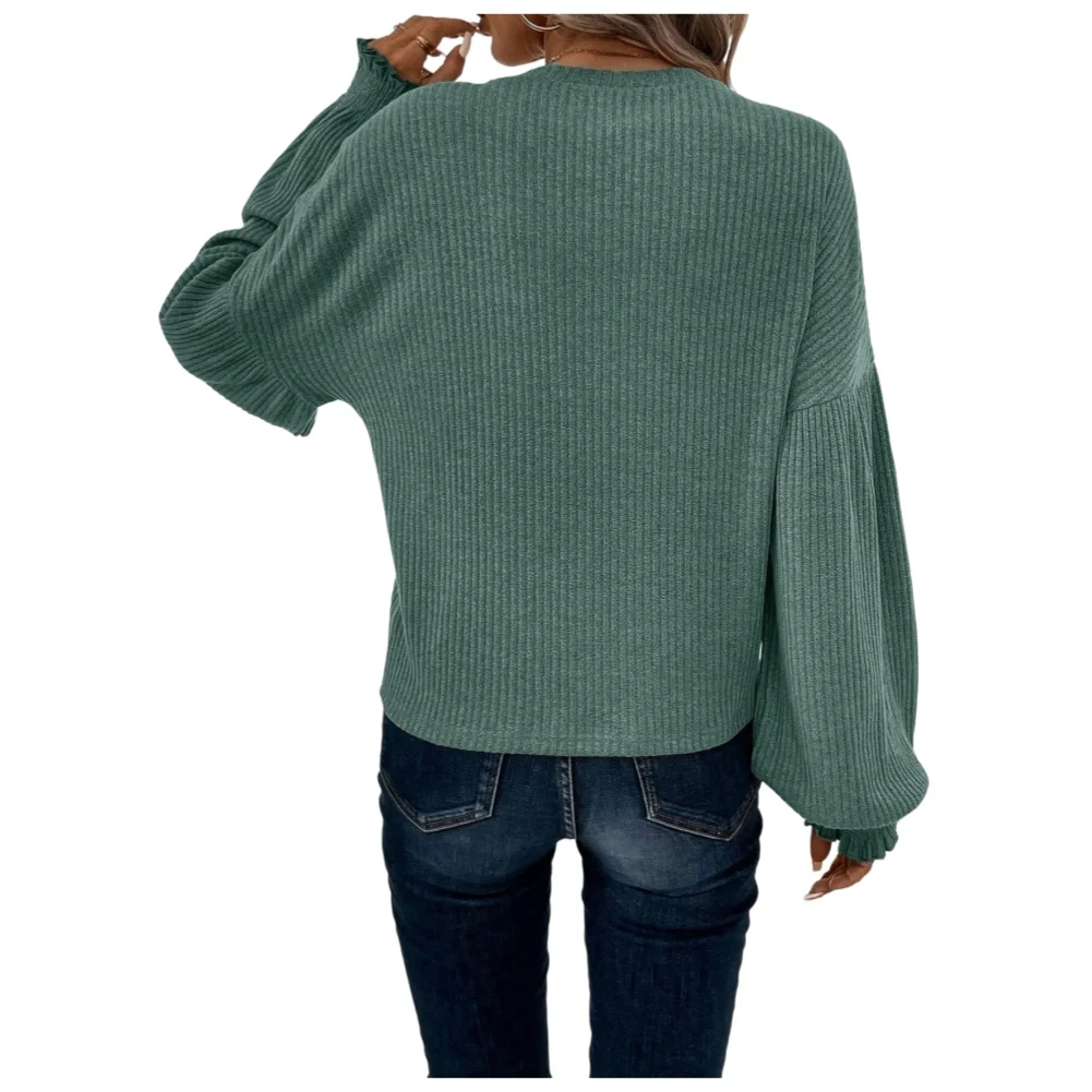 Ladies' Round Neck Long 1Flare Sleeve Loose Casual T-shirt Women Solid Striped Ribbed Ruffled Tee Top European Style
