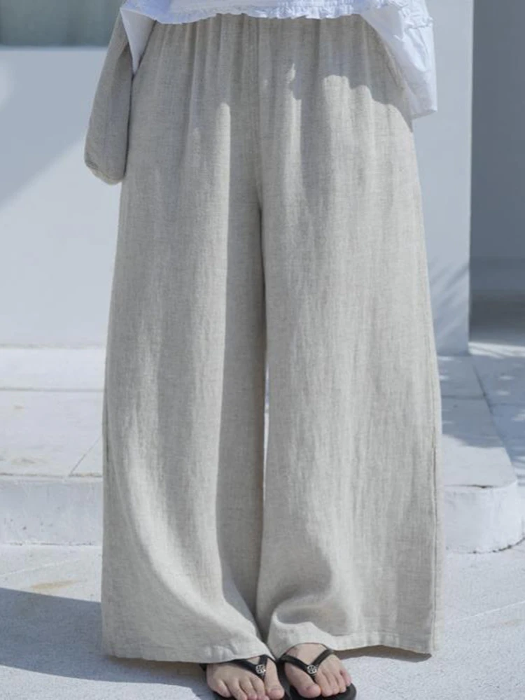 New Arrival Spring Summer Style Women Elastic Waist Loose Length Pants All-matched Casual Solid Cotton Linen Wide Leg Pants 1415