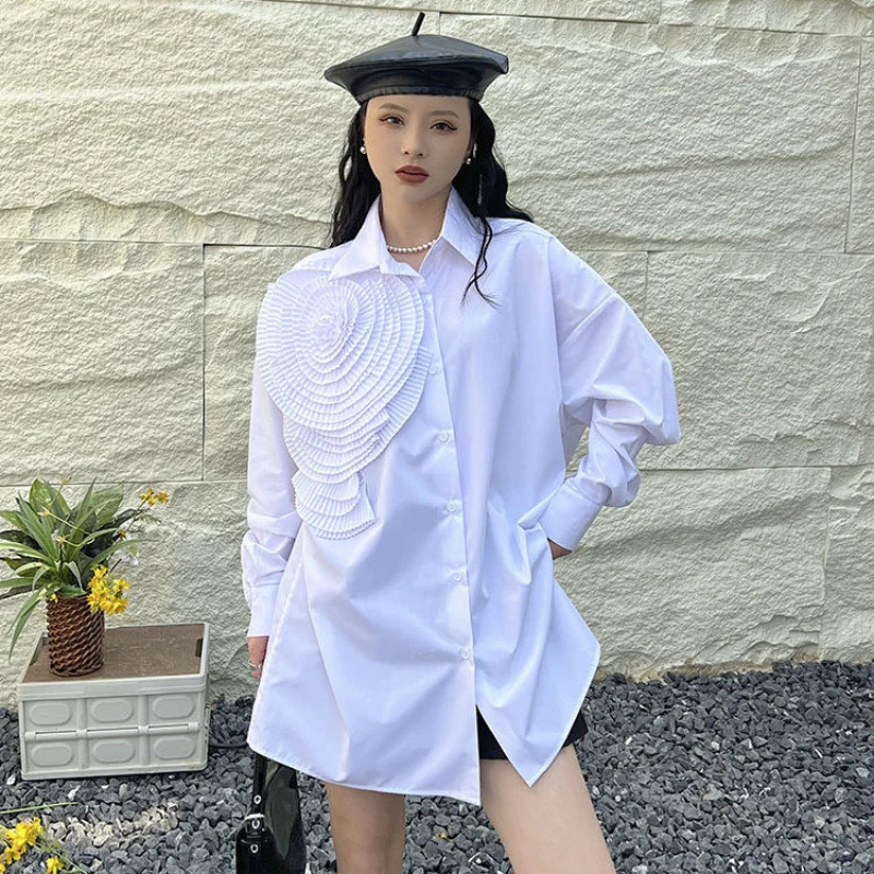 A Sense of Niche Design Polo Collar Pleated Three-dimensional Flowers Long-sleeved Shirt Top French Loose Shirt Woman