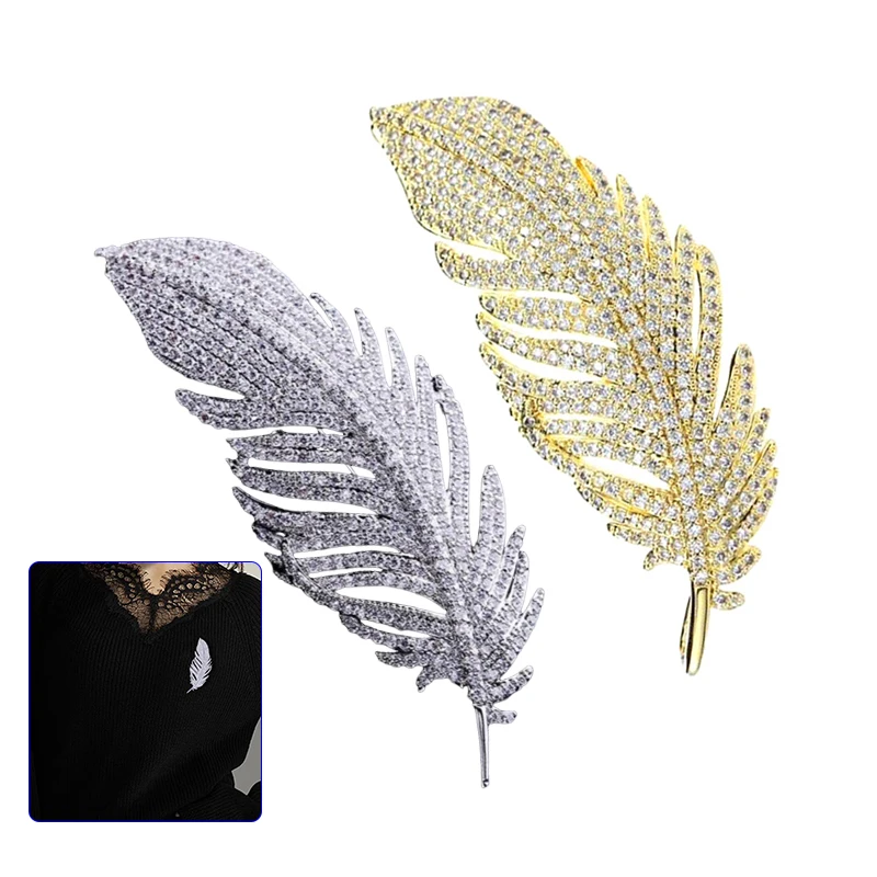 1pc Elegant Lapel Pins Full of Rhinestone Feather Brooches for Women Men Unisex Luxury Crystal Lapel Safety Pins Party Jewelry
