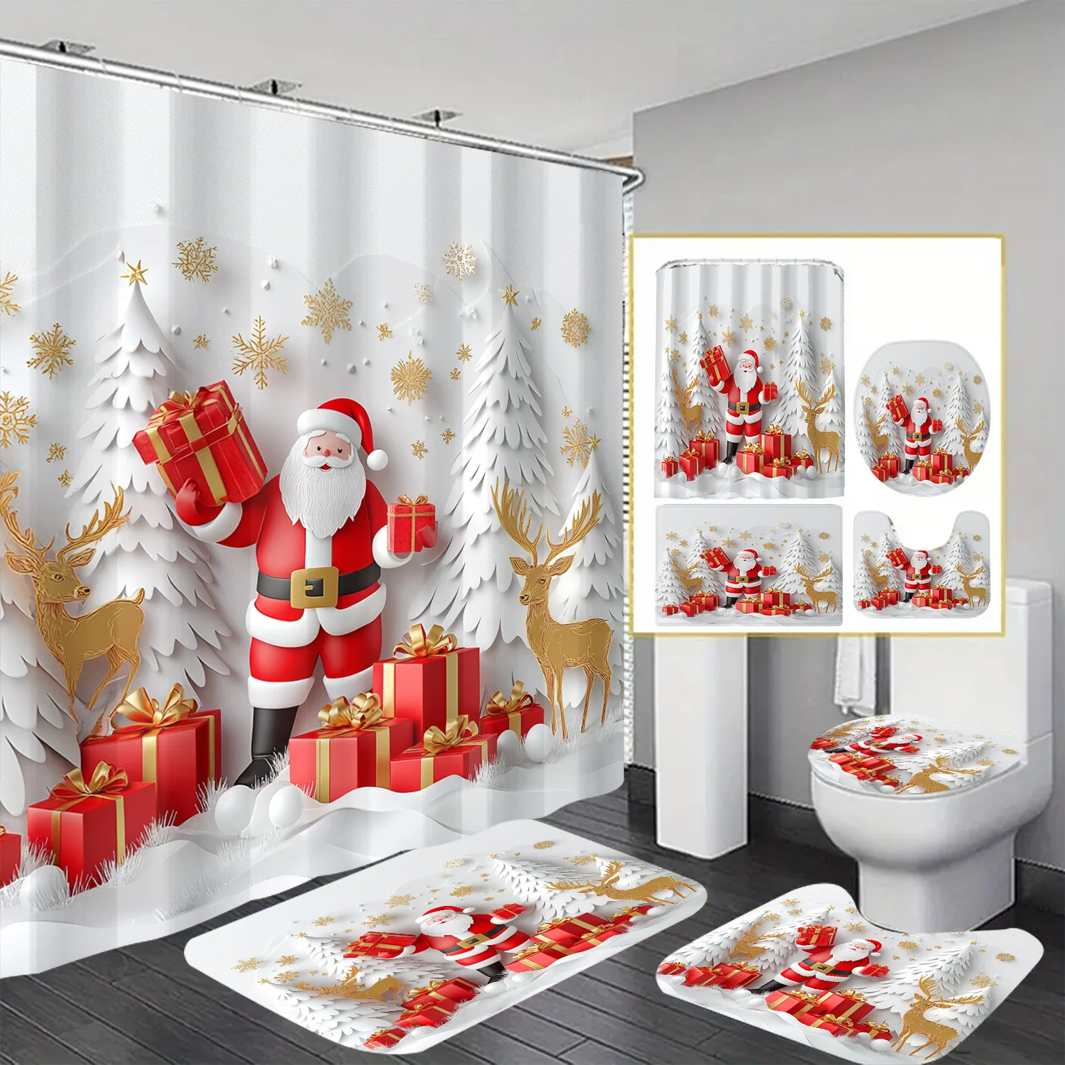 

4pc Waterproof Shower Curtain with Santa Claus Theme, Includes 12 Hooks, Suitable for Rooms, Homes, Hotels, Machine Washable