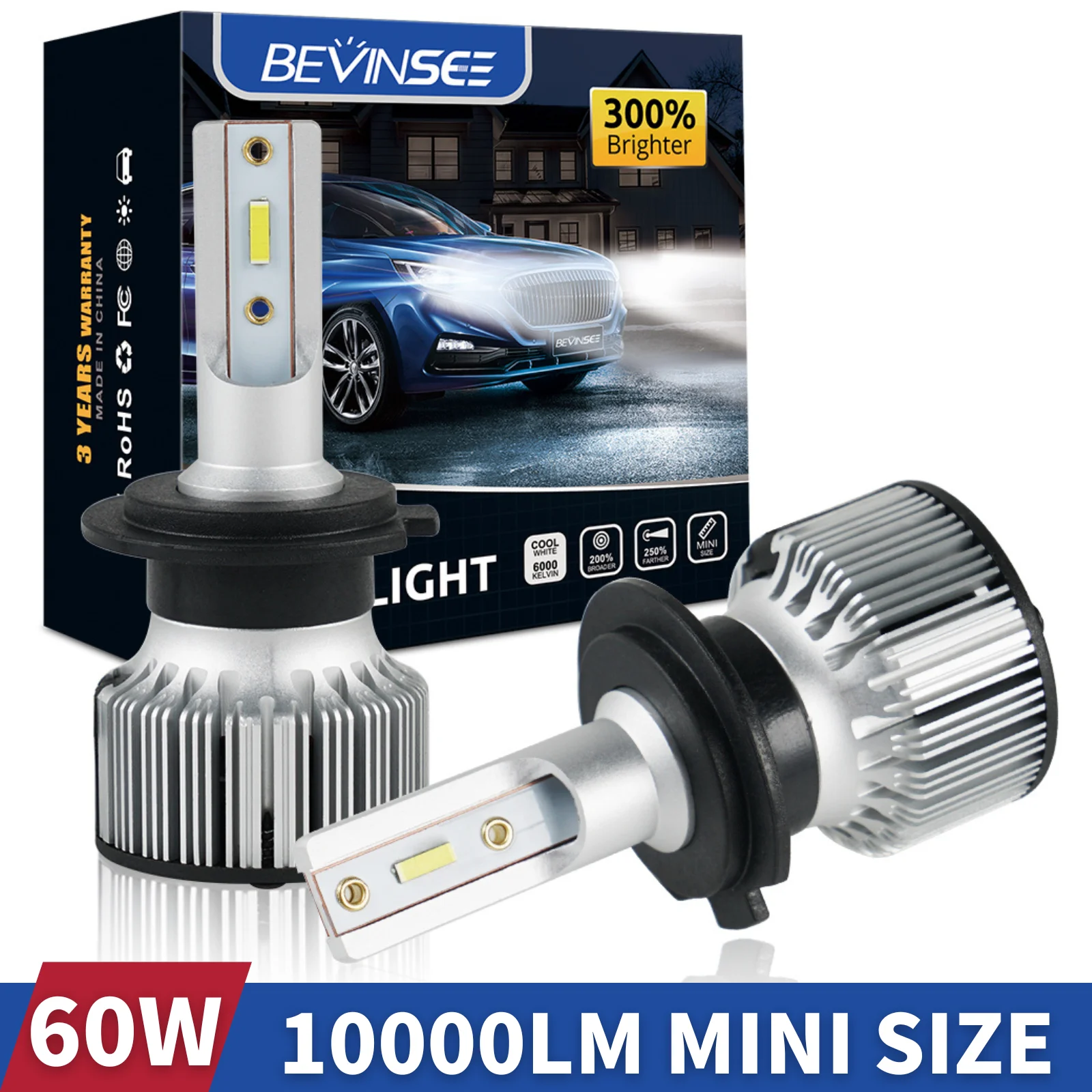 BEVINSEE Bombillas H7 H4 LED 100W 10000LM H11 9005 HB3 9006 HB4 H8 H9 9012 LED Car Fog Lights Mini Size 6000K LED Headlights 12V