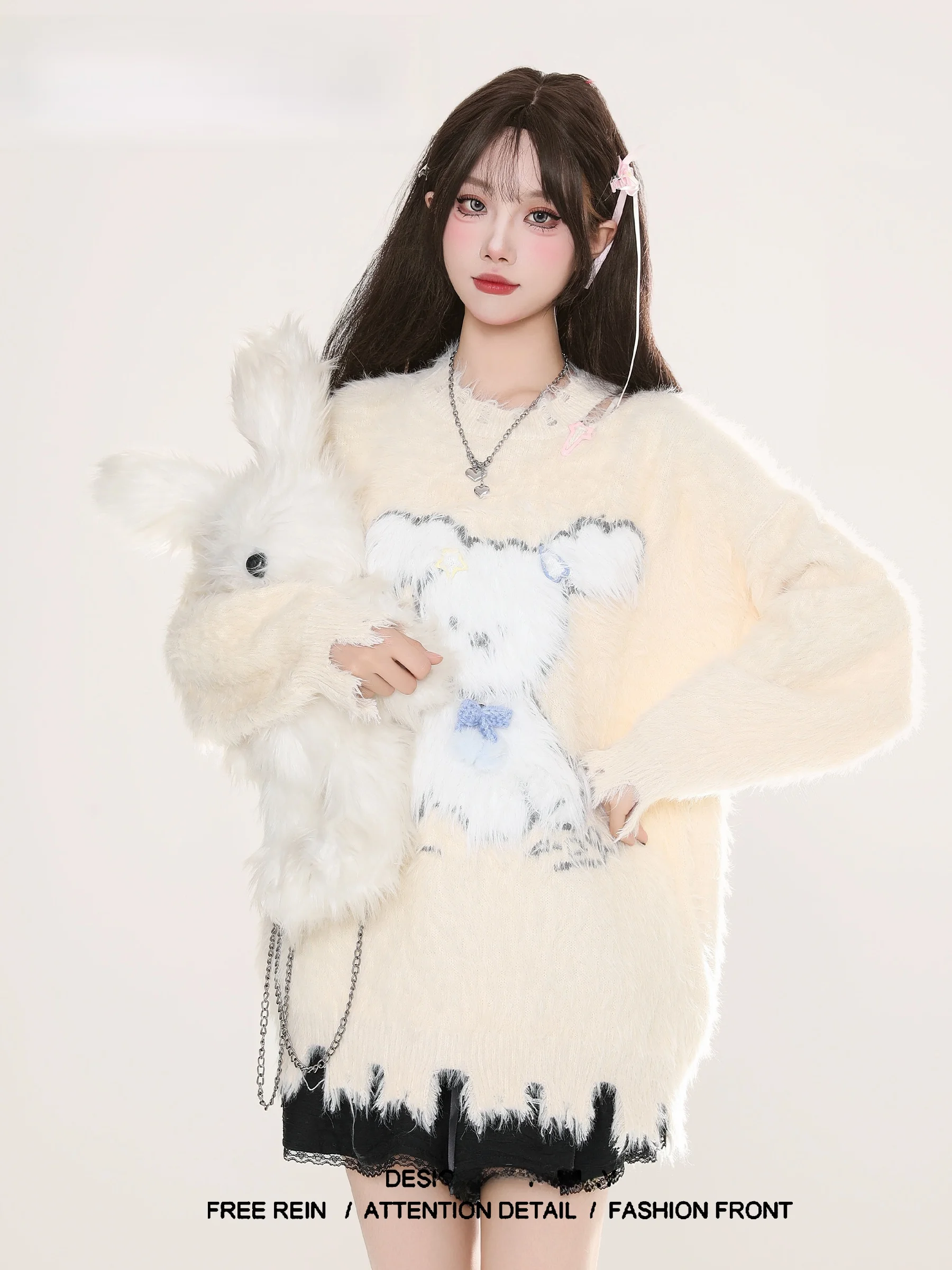 XUNXI Embroidered Shoulder Bared Dog Pattern Mahua Knitted Sweater Women's Winter Mink Velvet Tassel Loose Fit Long Sleeve ro...