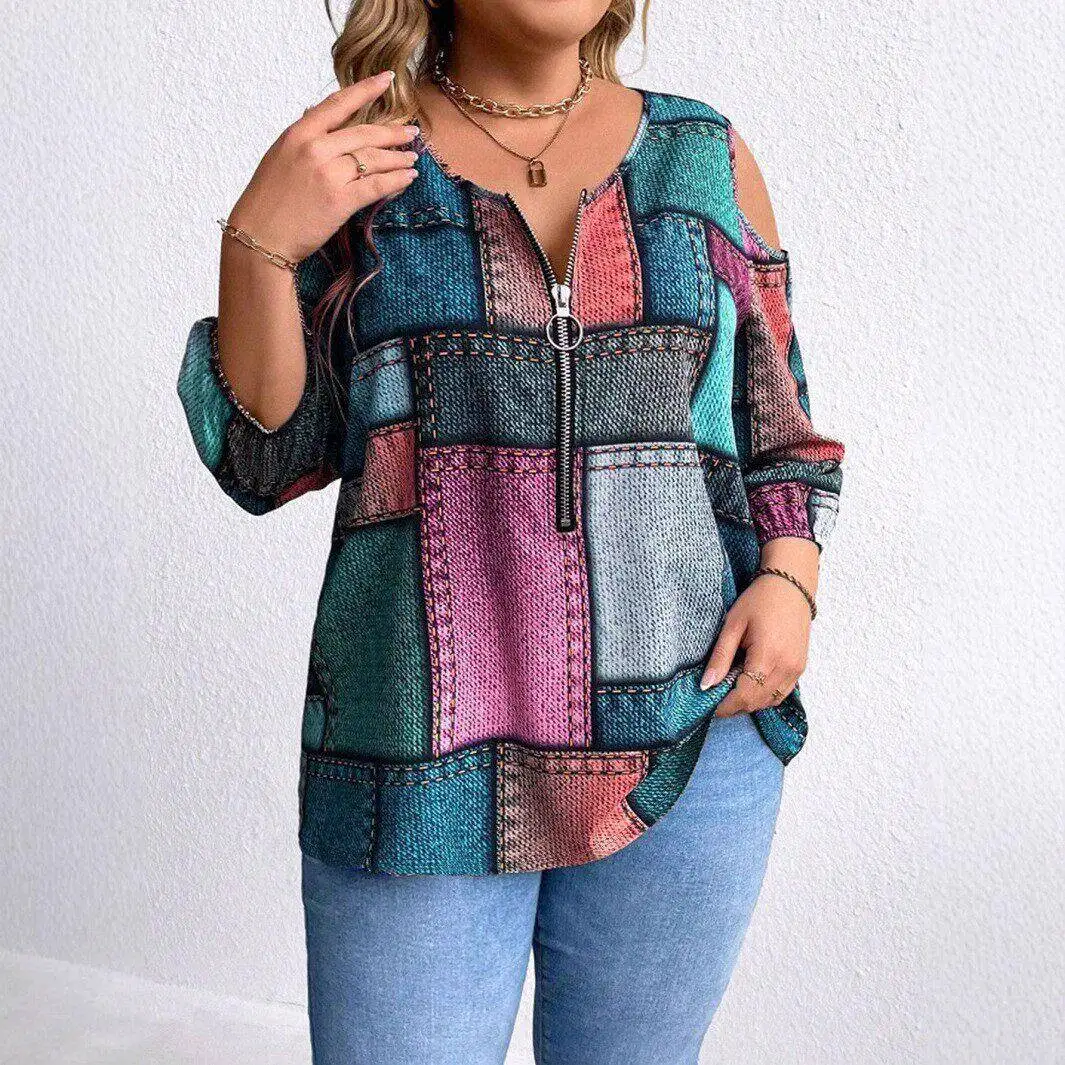 

plus Size Women's Long Sleeve Dress Shoulder Bared Loose Fit with Zipper Decoration Autumn Winter New Style Plaid Print Cityw...
