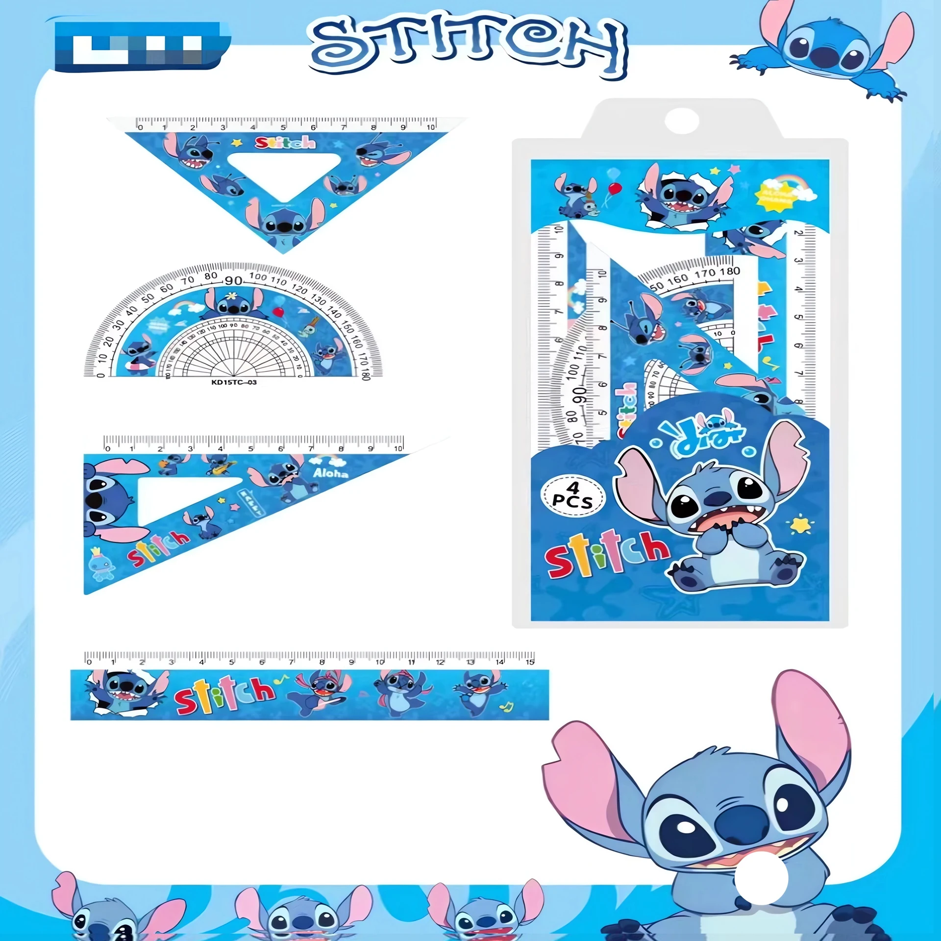 Stitch Disney Stationery Set Triangle Ruler Protractor Suit Kawaii Mathematical Tools Students Back To School Supplies Gift