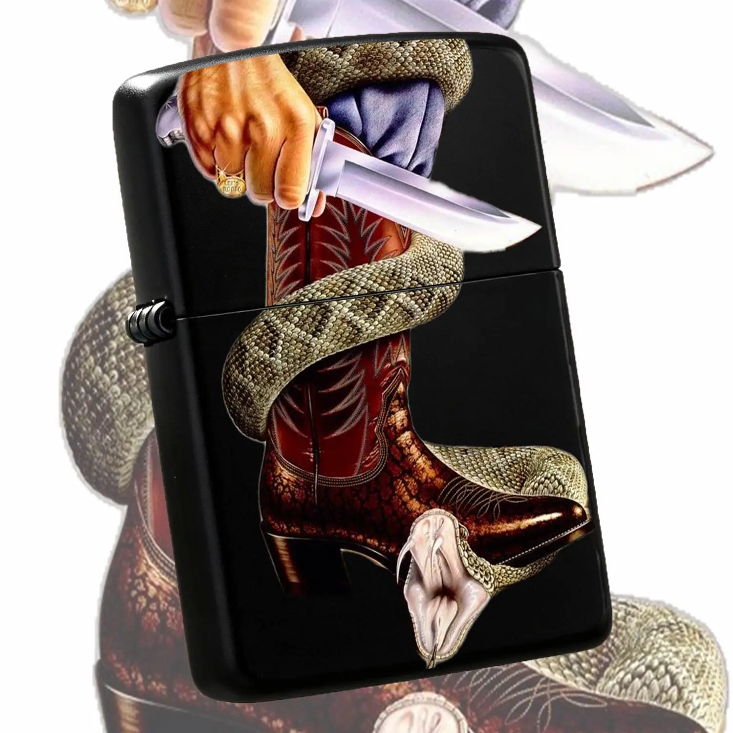 Vintage Western Themed Lighter, Creative Rattlesnake Wraps Cowboy Boot Art Pattern, Portable Sleek All-scene Ignition Tool for Camping Travel, Unique Decorative Collectible Gift for Friends  A Humorous And Interesting Lighter