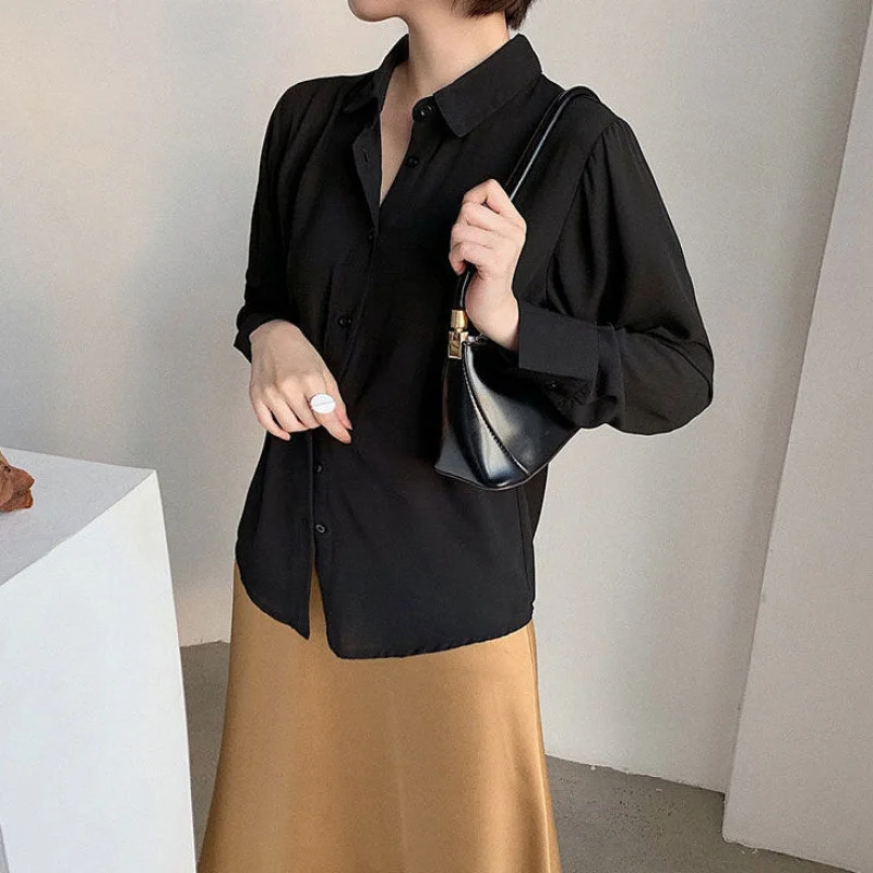 Ladies Chiffon Shirt Autumn Korean-Style Long-Sleeved Loose Black Work Blouses For Women Fashion All-Match Top Shirts