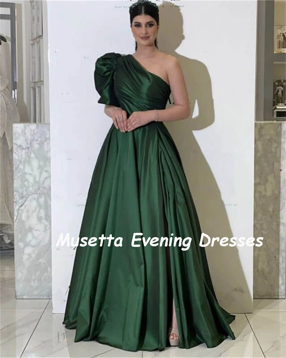 Musetta Elegant One Shoulder Prom Dress Pleat A-line Evening Dresses One Puffy Sleeve Floor Lenght Vestidos De Noche Customized