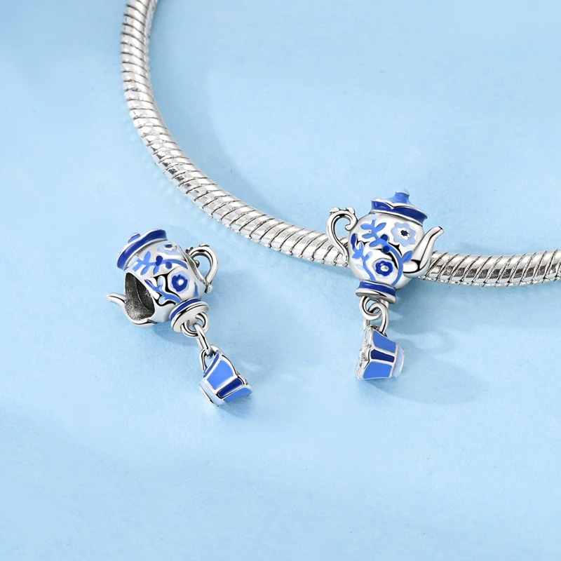 New Cute 925 Sterling Silver Romantic Blue and White Porcelain Teapot Teacup Charm Pendant Fit DIY Women's Bracelet Accessories