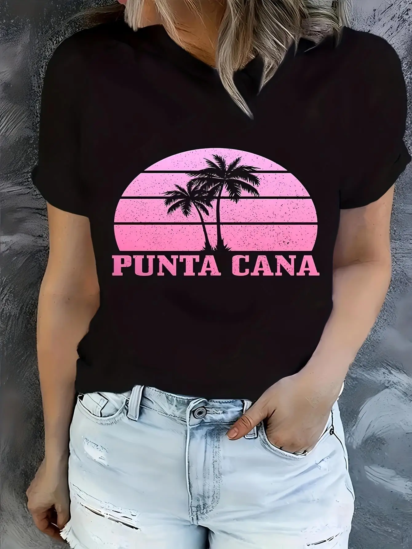 Camiseta de Mujer Punta Cana Pink Design, Cuello Redondo, Manga Corta, Ligera, Corte Holgado, para Vacaciones de Verano y Playa