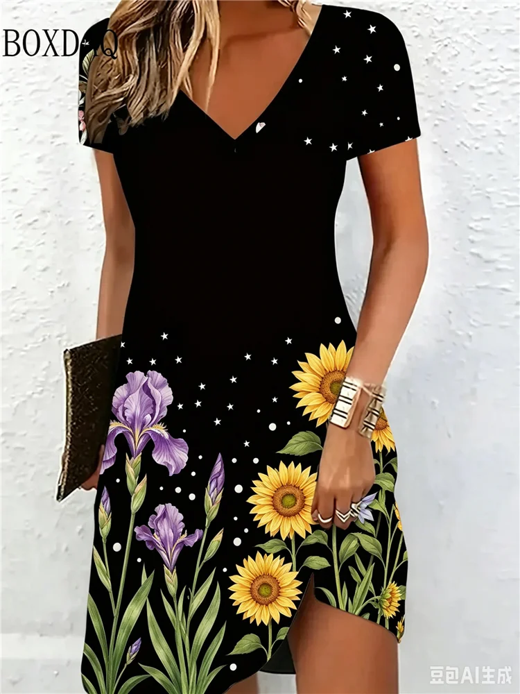 Sommerkleider für Damen mit kurzen Ärmeln, lockere Kleider in Übergröße mit V-Ausschnitt, Strandurlaub, Freizeitkleider, Damenkleider mit Blumenmuster