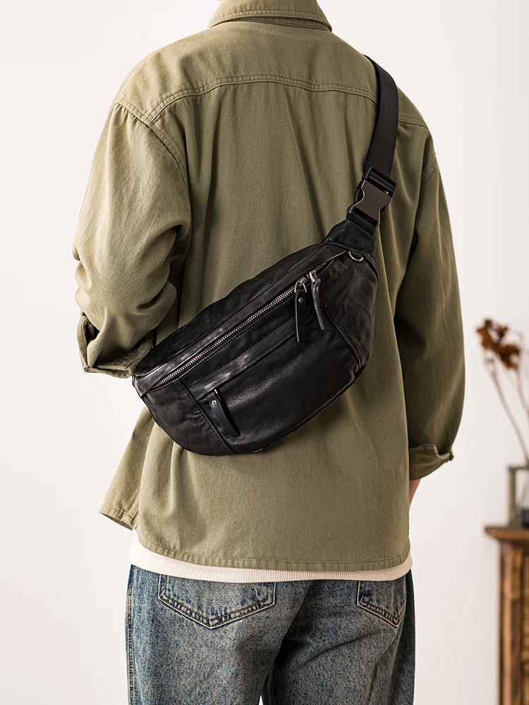 casual outdoor sports first layer cowhide men's black chest bag fashion luxury handmade genuine leather motorcycle crossbody bag