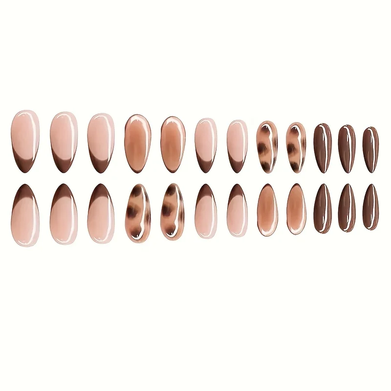 24枚のアーモンド型中～長グラデーションブラウンヒョウ柄ネイルステッカー、女性用、ネイル愛好家が着用するのに不可欠です。