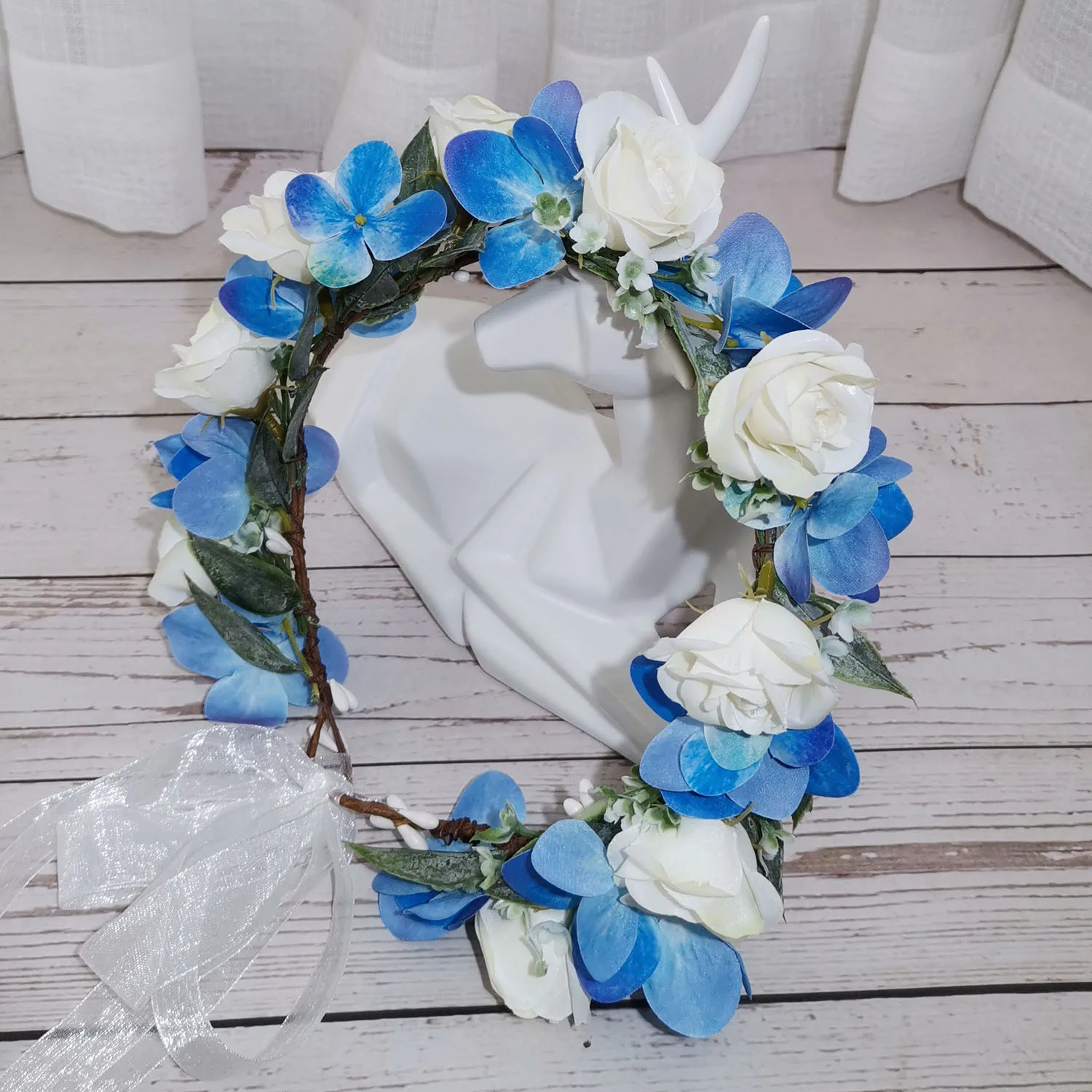 Blue White Flower Crown Wedding Hair Accessories Girls Flower Wreath Headband Floral Garlands Women Bride Hair Ornaments