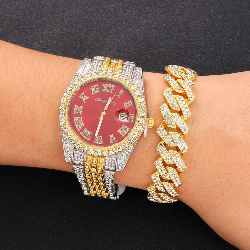 Iced Out red Color Watch Women\'s Luxury Rhinestone Cuban Chain Bracelet Watches Fashion Wrist Watch Hip Hop Jewelry new Men Gift