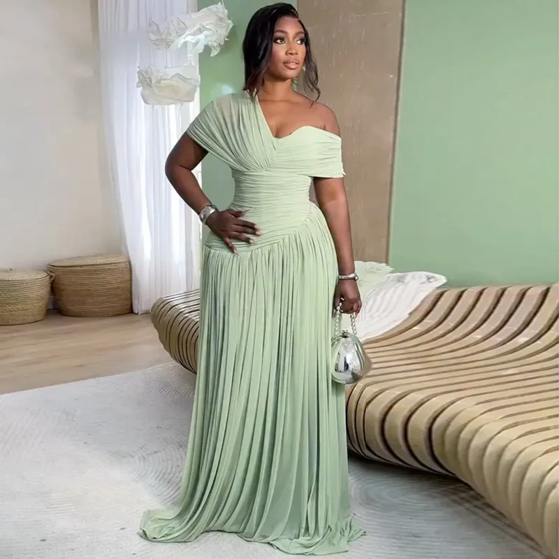 

Elegant Party Dress Women's Pleated Skirt Maxi Dress Off Shoulder Mint Green Long Dress Asymmetrical Neckline Women's Evening