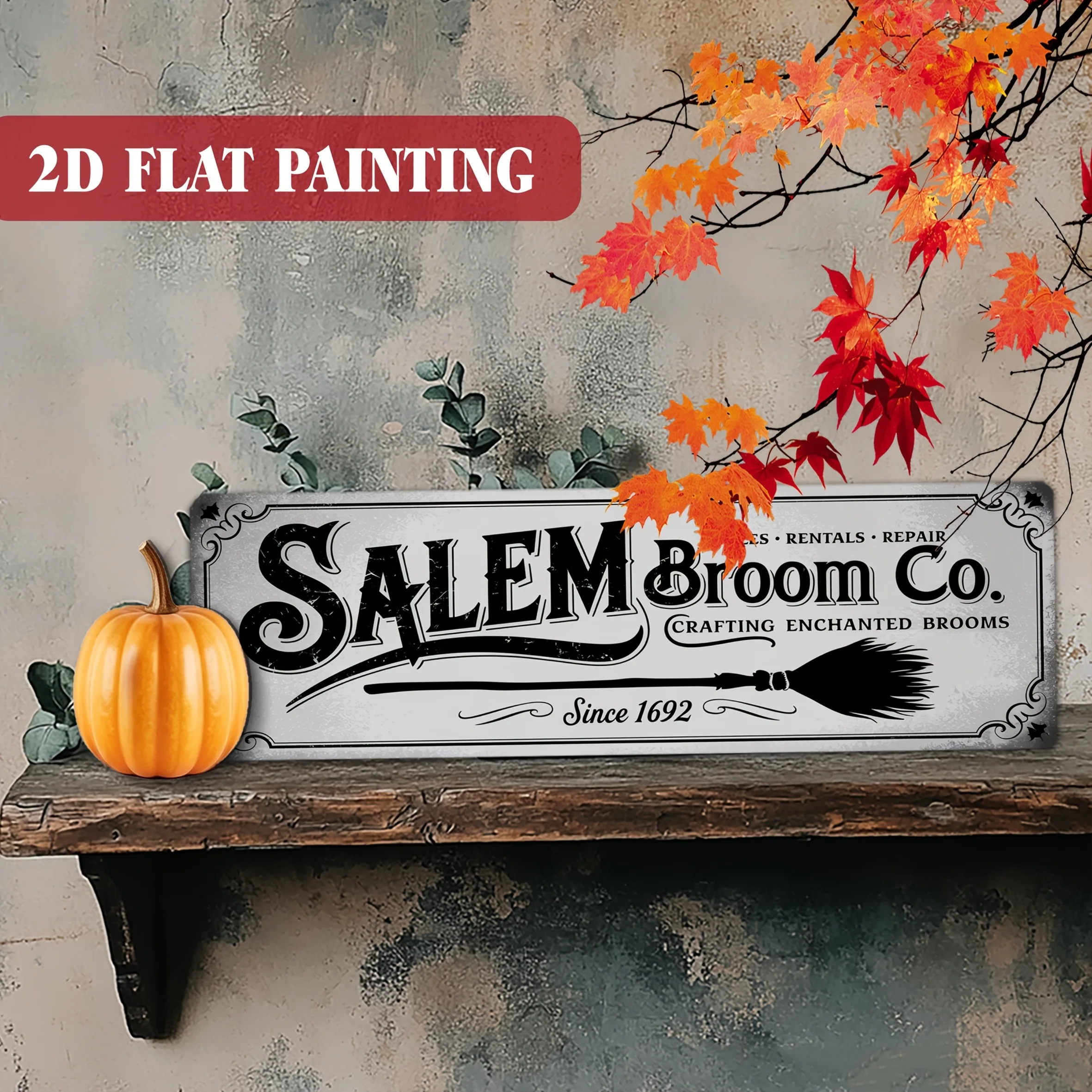 1pc 2D Flat Salem Broom Co. Enchanted Brooms Since 1692 Sign 16x4.92Inch 40.6x12.5cm, Witch Theme Vintage Halloween Wall Plaque