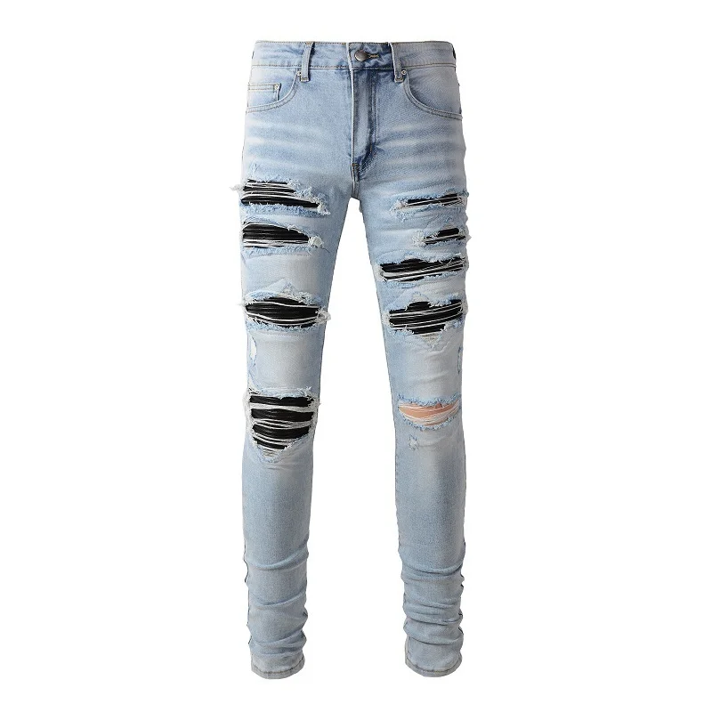 American School Jungen High Street Distressed Blue Holes Leder Black Ribs Patchwork Moustache Stretch Skinny Ripped Jeans
