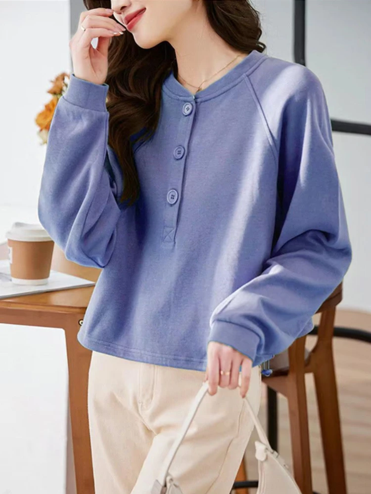 Purple Spring and Autumn Woman Tops Cropped Button Sweatshirt for Women Pullover E Aesthetic High Quality Coat 90s Vintage Basic