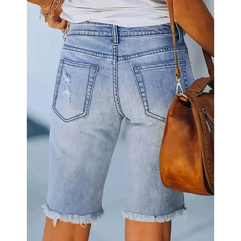 여성용 스키니 얇은 찢어진 반바지 여성 시크 패션 하이웨이스트 반바지 여성 캐주얼 스트레이트 레그 데님 반바지