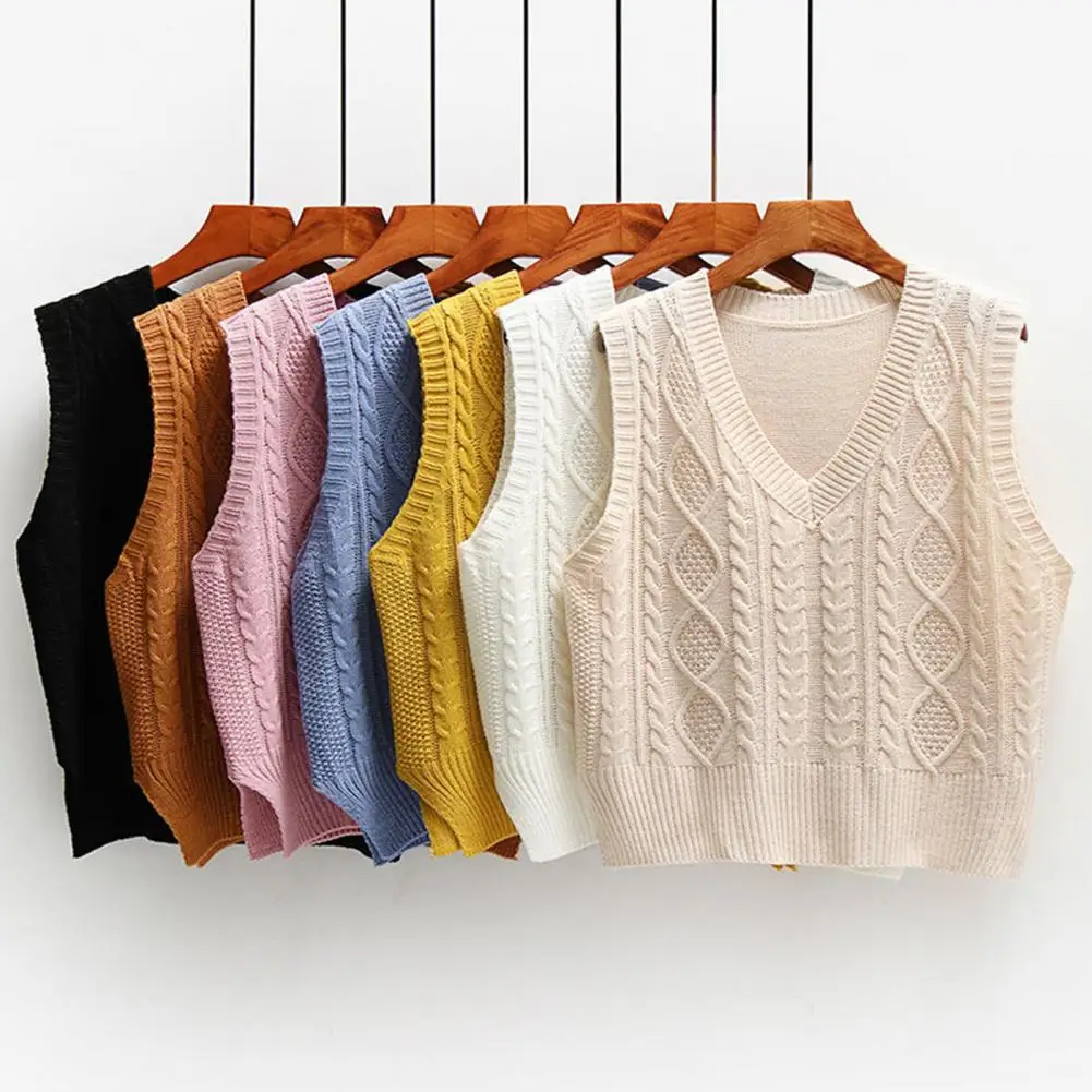 

Women Sweater Vest Top Solid Color Sleeveless Knitting Vest Twist Knitted Women Knitted Waistcoat For Daily Wear