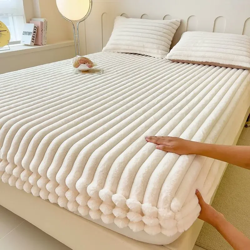 Fluffy Rabbit Plush Elastic Fitted Sheet Mattress Protector Cover Warm Winter Coral Fleece Luxury Double Bed Bedsheet