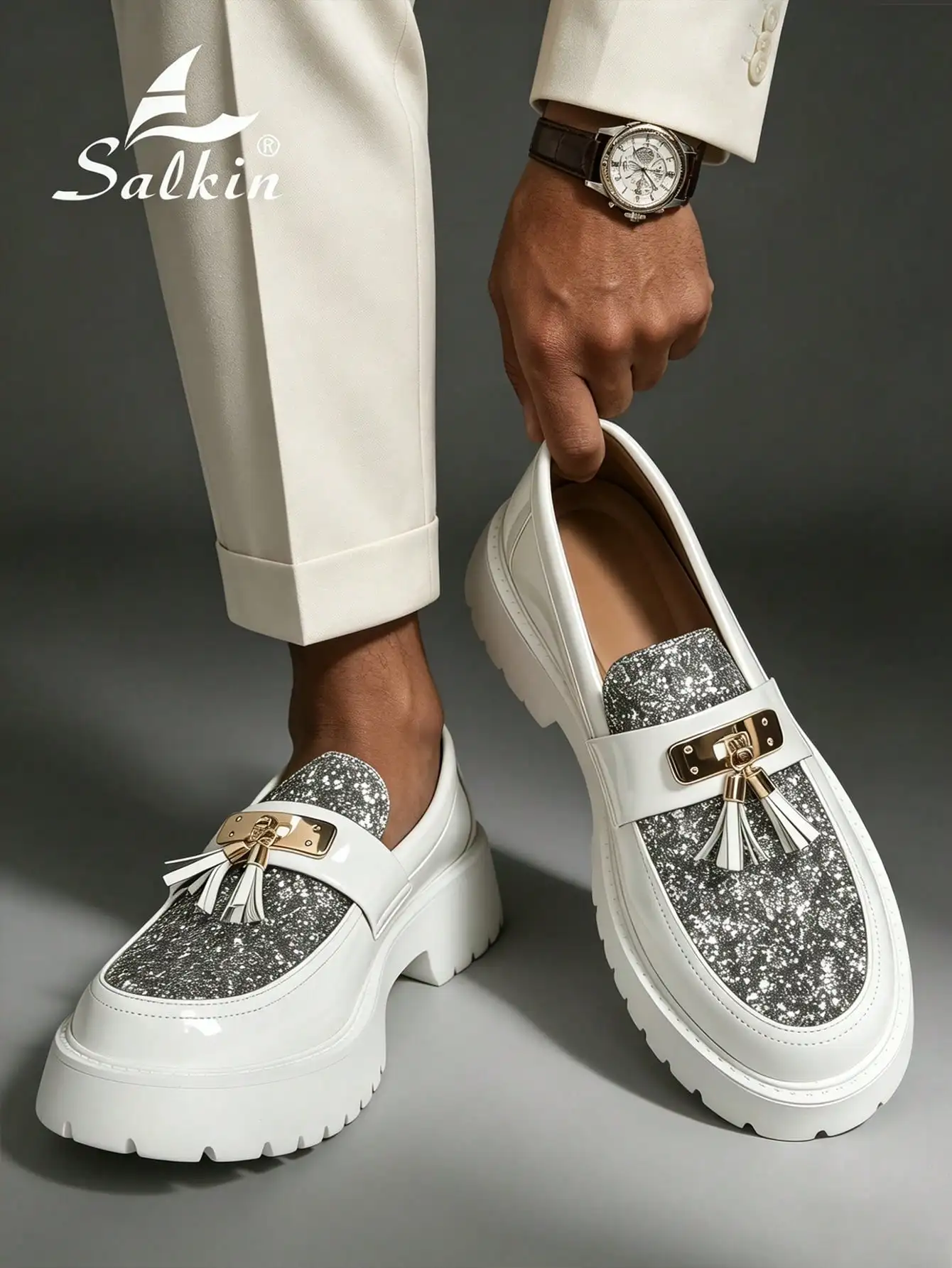 Salkin, Nuevos Mocasines de Diseño para Hombre, Parte Superior de Cuero Suave y Cómodo, Suela Antideslizante, Zapatos Casuales Ligeros Zapatos de vestir con plataforma para negocios, fiestas, bodas, adecuados para primavera, verano, otoño. Por favor, solicite una talla más grande.