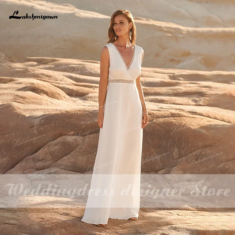 Simple V Neck Boho Chiffon Wedding Dresses Open Back Sexy Beach Behemian A Line Bridal Dress for Women vestido de novia 2021