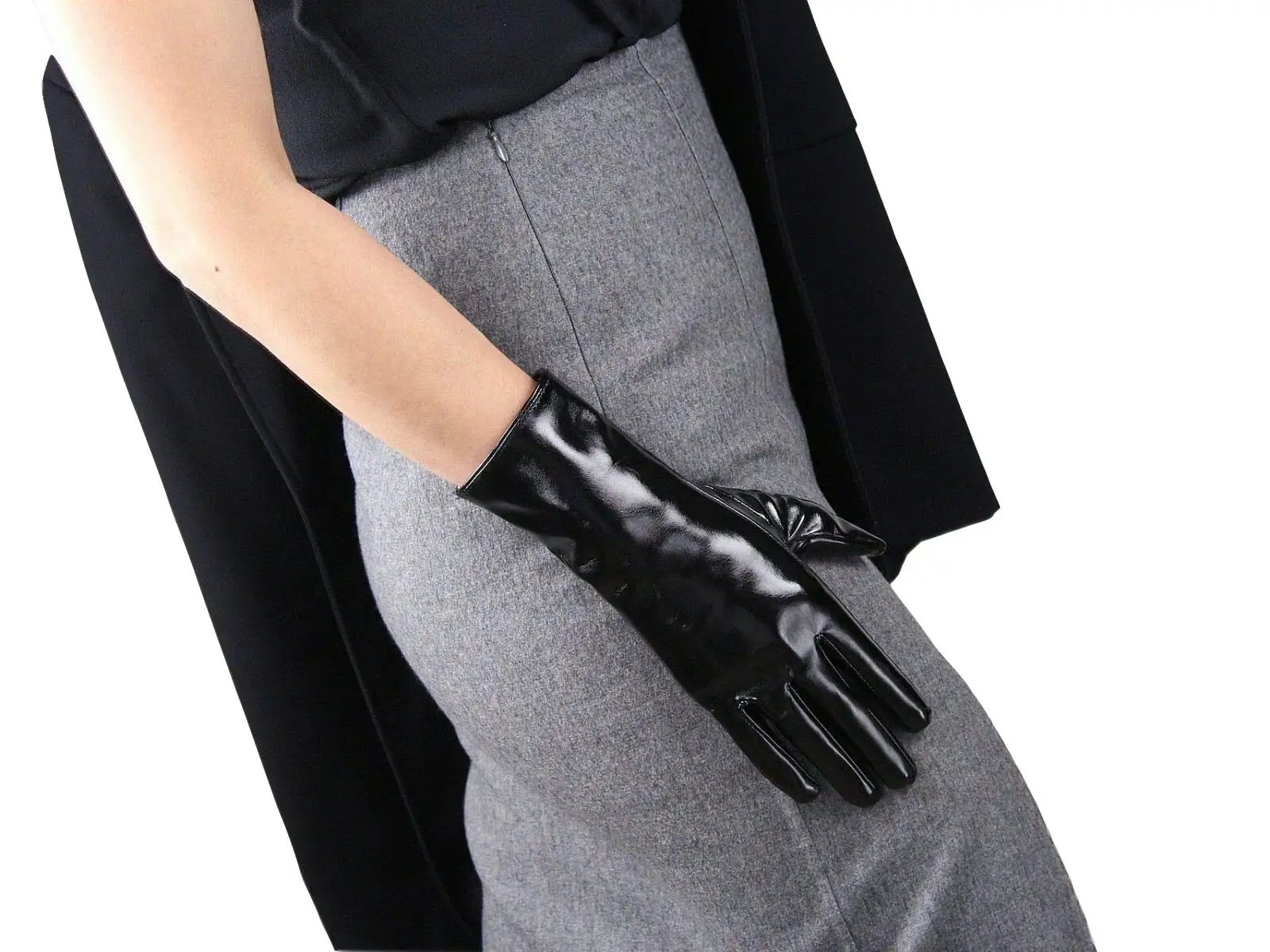 DooWay Lacquer Leather Gloves Short Shiny Faux Leather Black for Women Cosplay Gothic Party Fashion Show Evening Christmas Glove