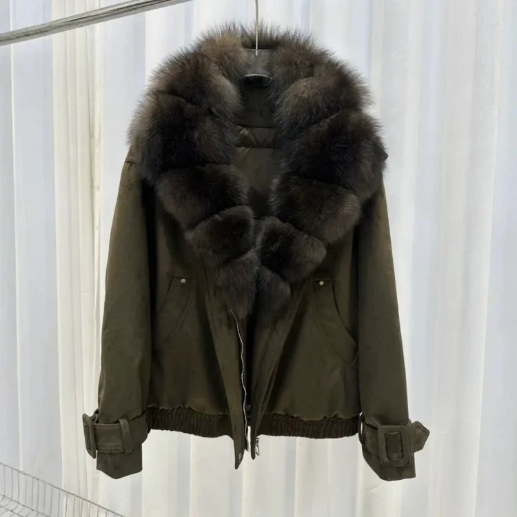 OFTBUY Big Real Fox Fur Collar Duck Down Coat Women Short Suede Pilot Jacket New Vintage Zipper Women's Winter Down Jacket