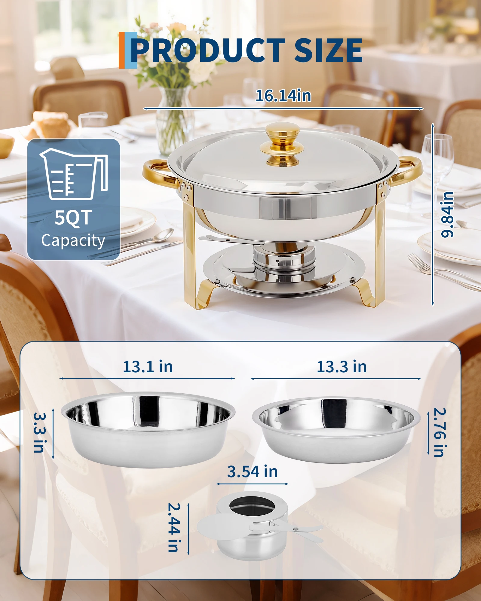 `5QT Stainless Steel Chafing Dish Buffet Warmer, Round Food Warmer with Gold Frame, Lid, Fuel Holder and Water Pan for Wedding Party Picnic`