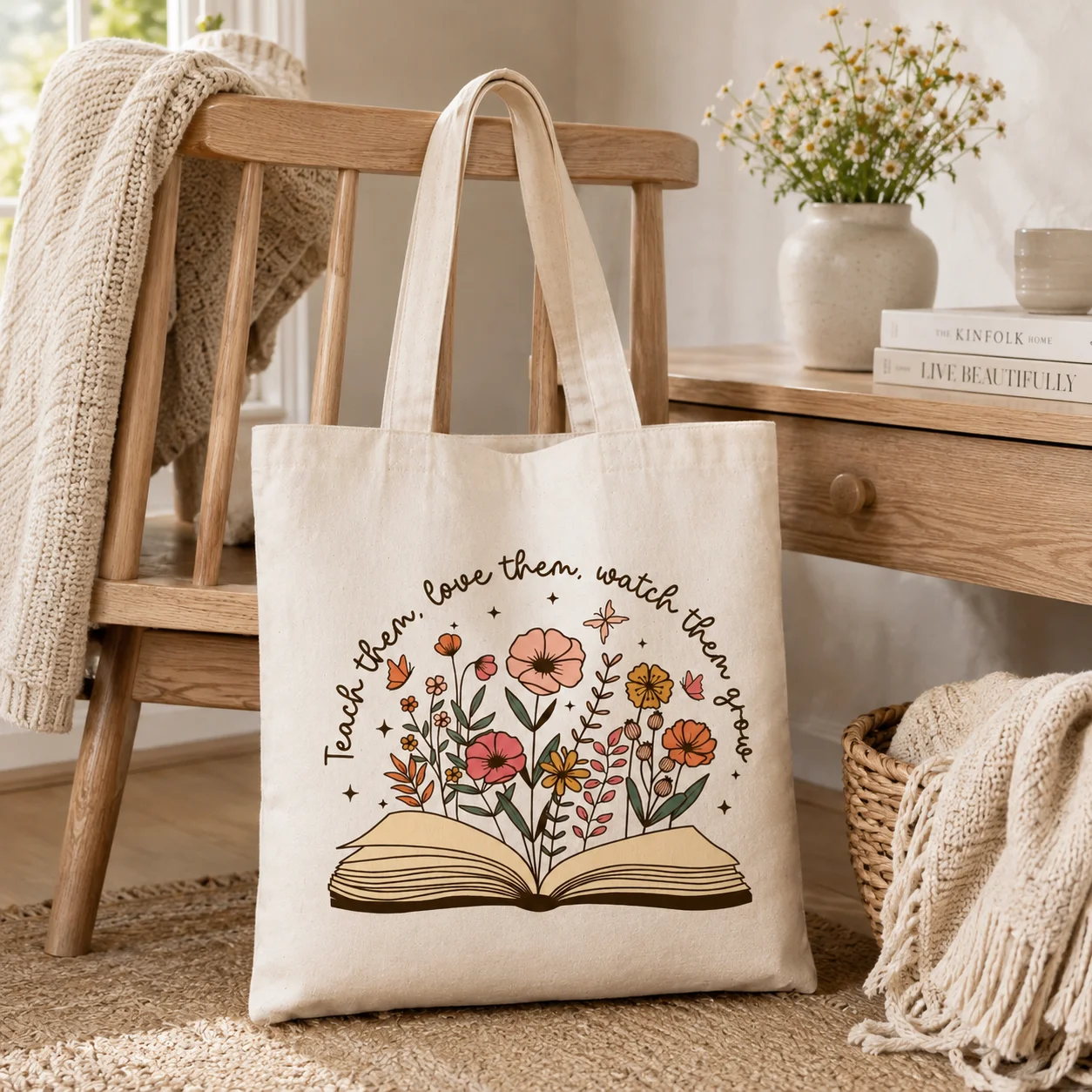 Teach Them Love Them Watch Them Grow Tote Bag Wildflower Open Book Canvas Tote, Teacher Appreciation Gift, Educator Shoulder Bag