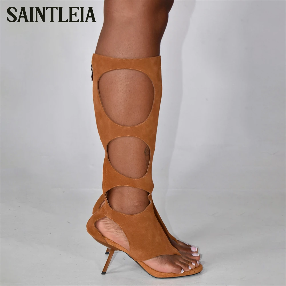 Cow Suede Angled Heel Gladiator Boots Novelty Style Flip Flops Knee Boots Customizable Multicolor Handmade Women's Summer Boots