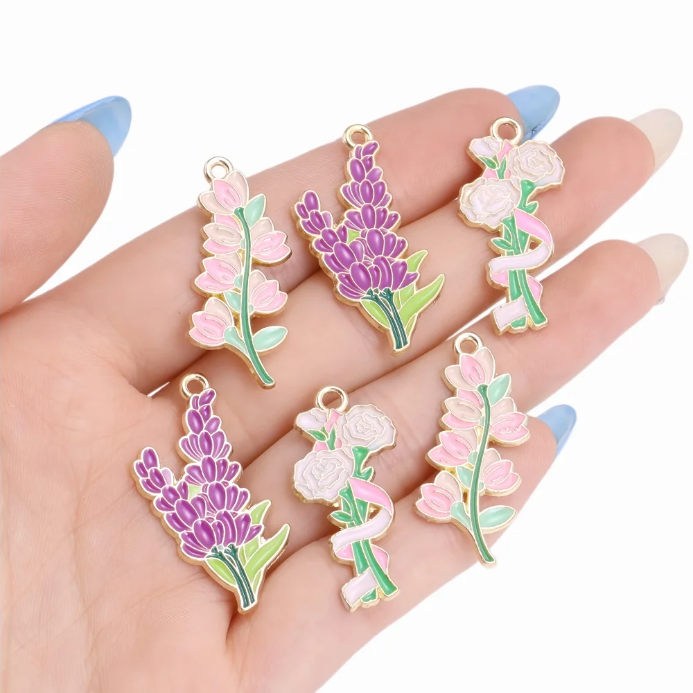 10Pcs Fashion Enamel Flower Charm for Jewelry Making Rose Lily Violet Pendant Necklace Keychain Accessories Diy Supplies