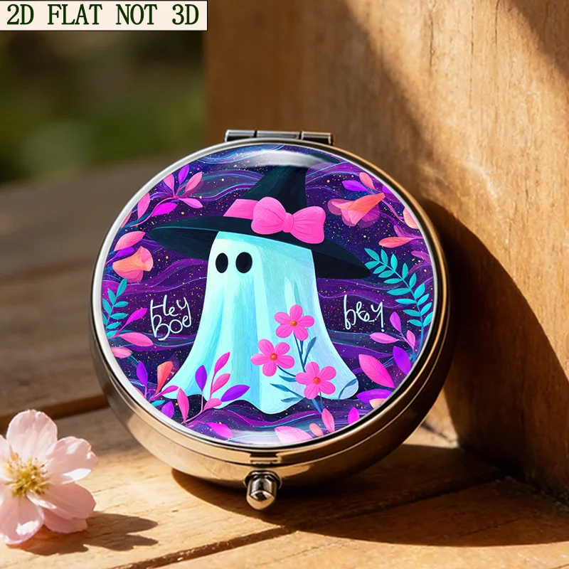 Round Portable Pill Box with Three Compartments, Charming Floral Ghost-Themed Portable Pill Box Yh1, Suitable for Both Men and Women, Metal Mini Medicine Organizer, Perfect Gift for Halloween, Christmas, and Thanksgiving