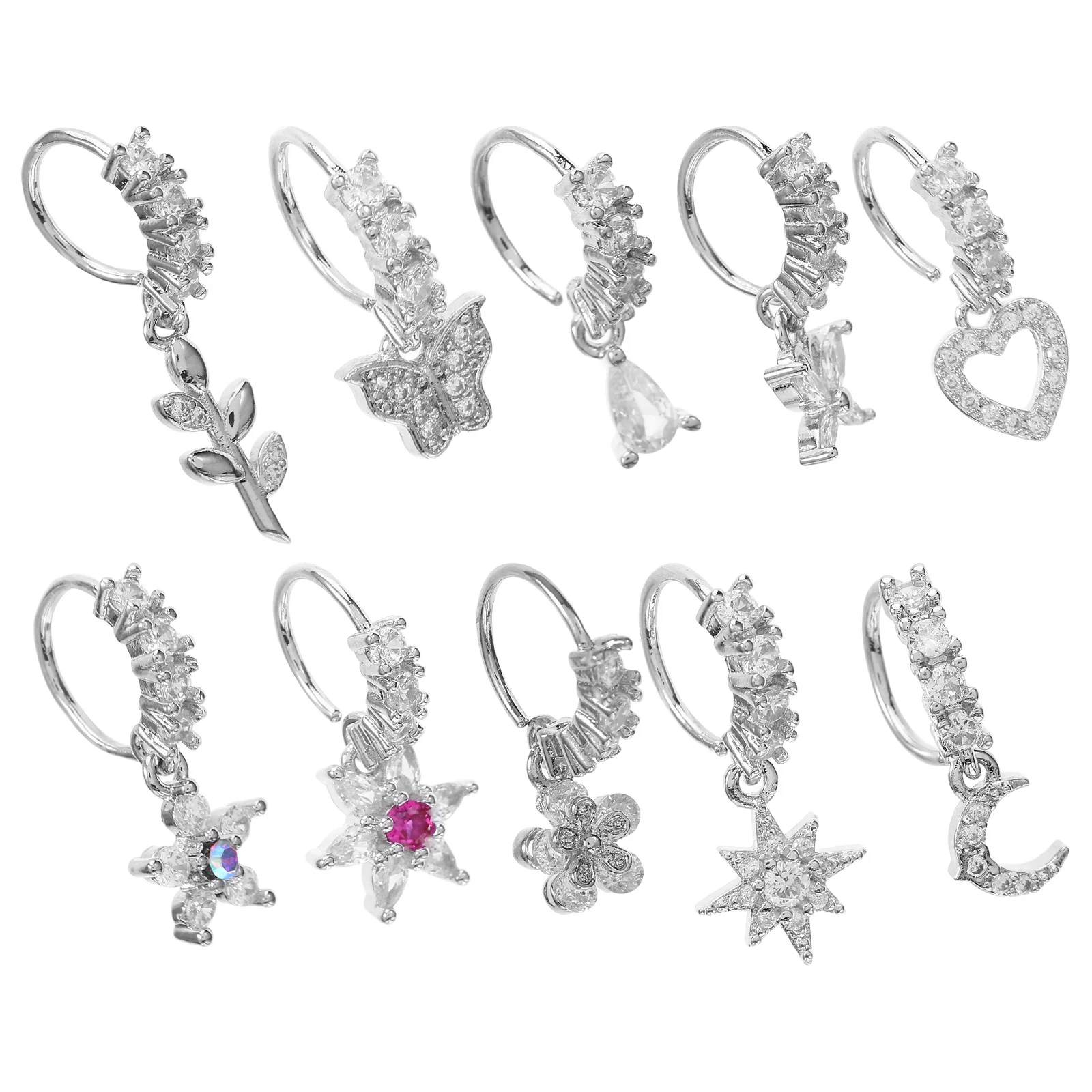 

10Pcs Stainless Steel Nose Rings Unique Delicate Shape Adornments Creative Metal Nose Hoops for Daily Wear Chic Accessory