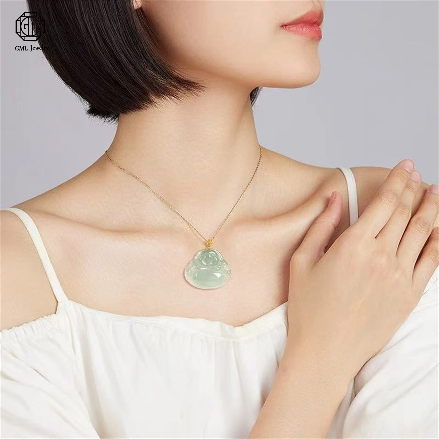 18K Gold Inlaid Natural Grade A Jadeite Oil Green Maitreya Buddha Pendant Ice Translucent Women Emerald  Necklace Jewelry Gift