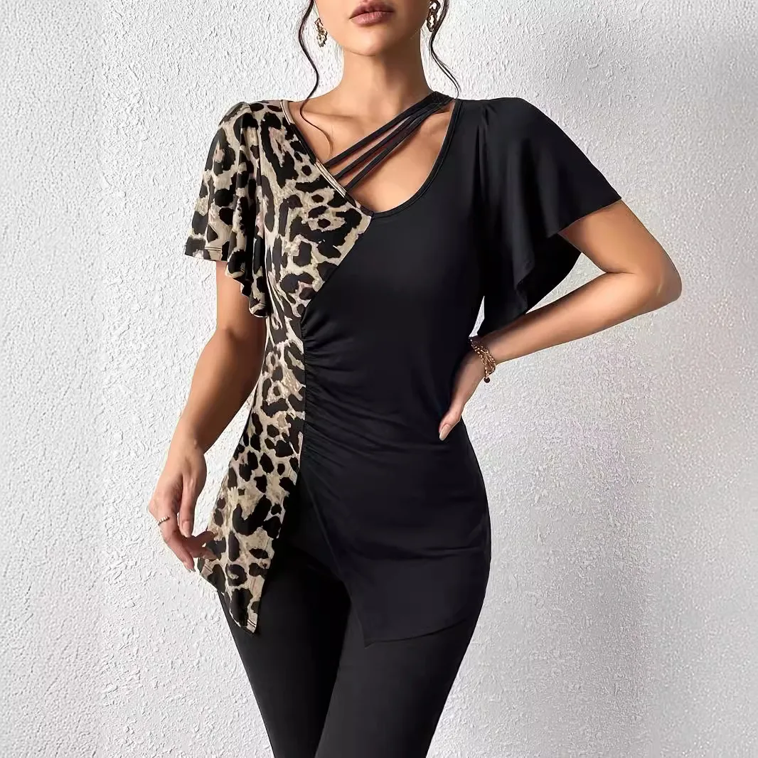 Women's Leopard Print Patchwork Asymmetrical Slim Fit Elegant Commute Comfort Casual V Neck Flutter Sleeve Irregular Hem T-shirt